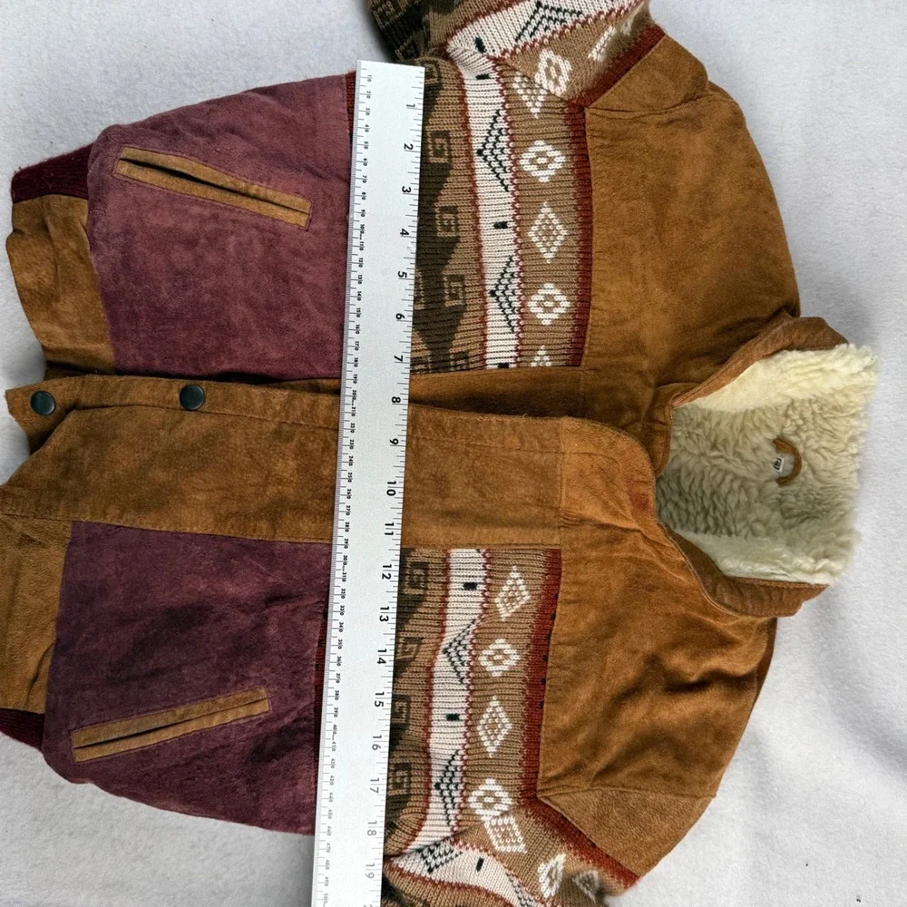 Kids Vintage Style Suede Southwestern Bomber Jacket Shearling Brown Size 12-14